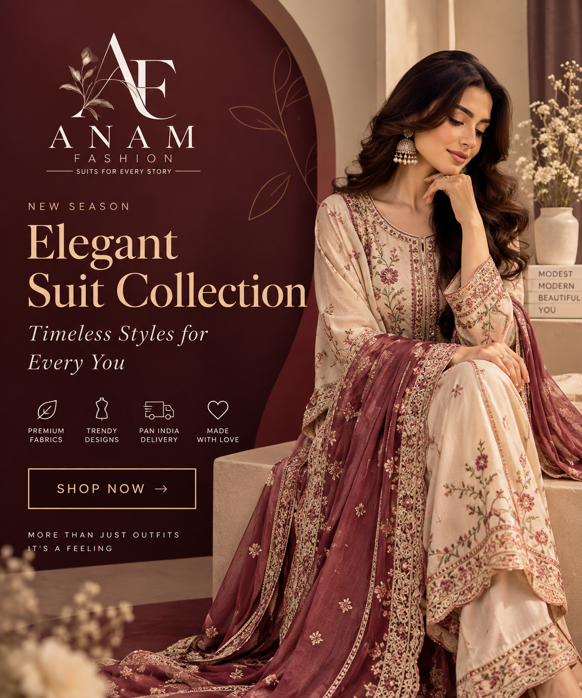 ANAM FASHION Elegant Suit Collection — model in an embroidered cream suit with a wine dupatta