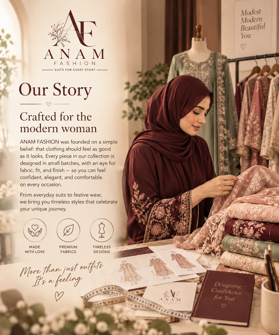 ANAM FASHION Our Story — a designer working with embroidered fabrics in the atelier